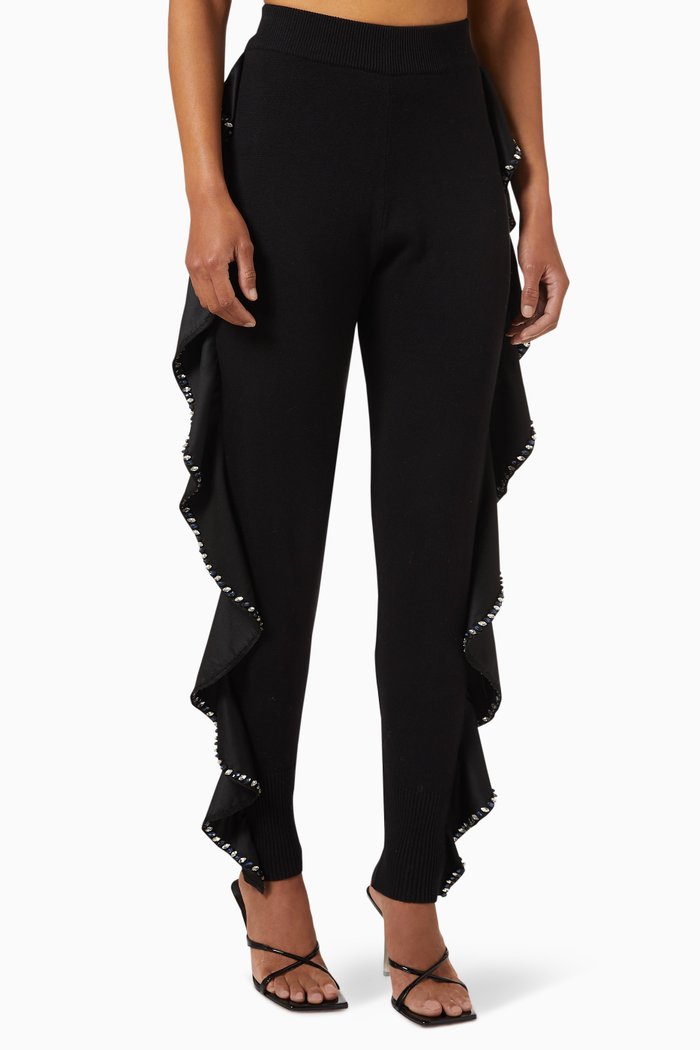 

Voluminous Ruffled Pants in Cotton-blend Knit, Black