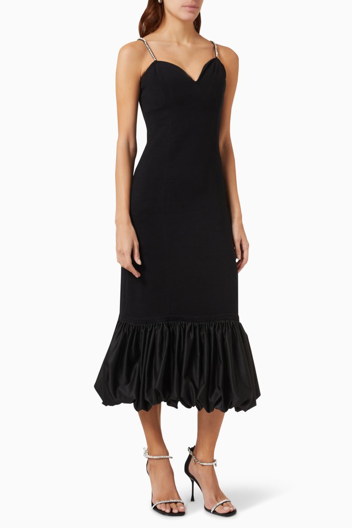 

Crystal-embellished Ruffled Midi Dress in Cotton-blend Knit, Black