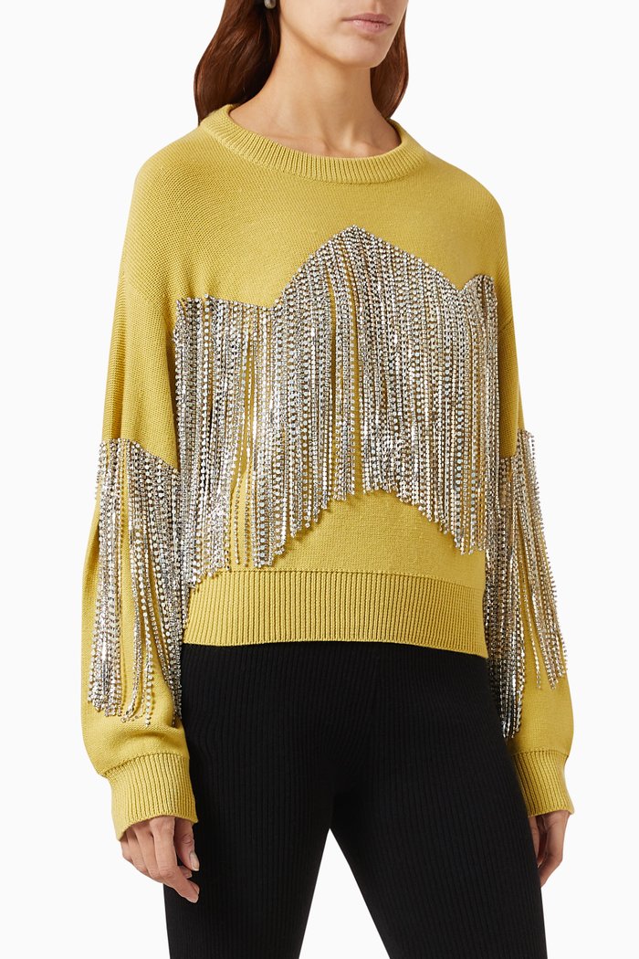 

Embellished Tassle Fringed Sweater in Cotton-knit, Yellow