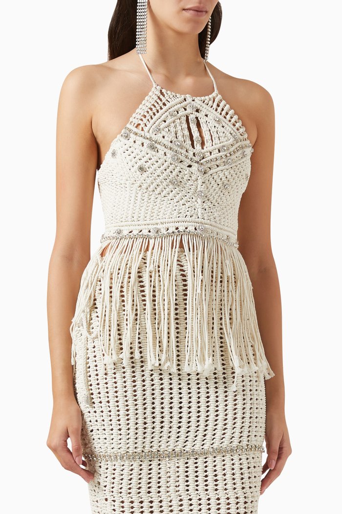 

Embellished Halterneck Top in Macrame, Neutral
