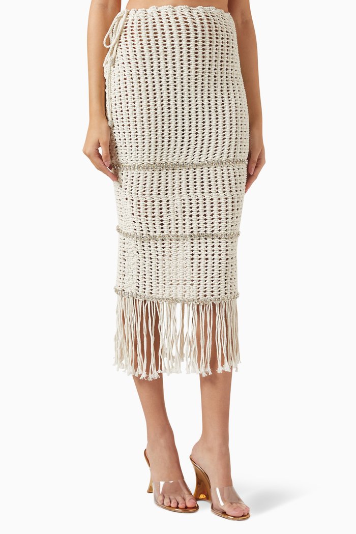 

Embellished Midi Skirt in Macrame, Neutral