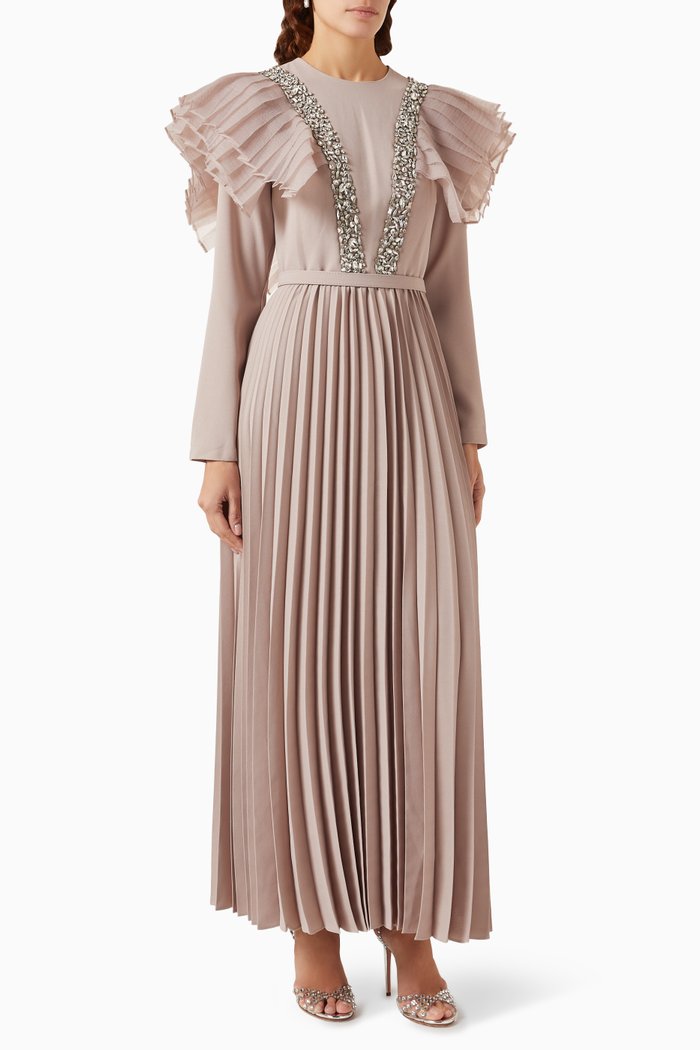 

Fambelle Pleated Maxi Dress in Crepe, Neutral