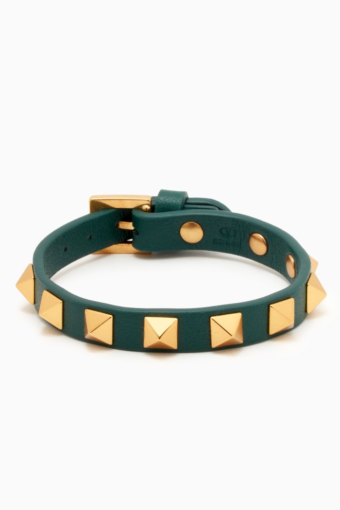 

Valentino Garavani Rockstud Bracelet in Metal & Calf Leather, Green