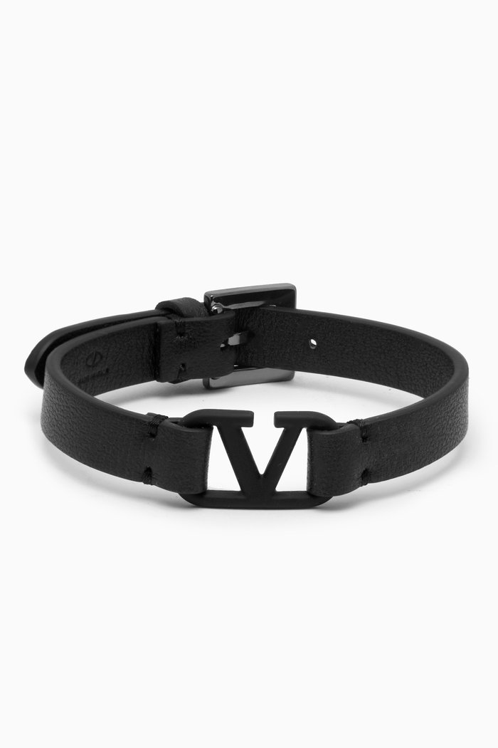 

VLogo Signature Bracelet in Calf Leather & Metal, Black