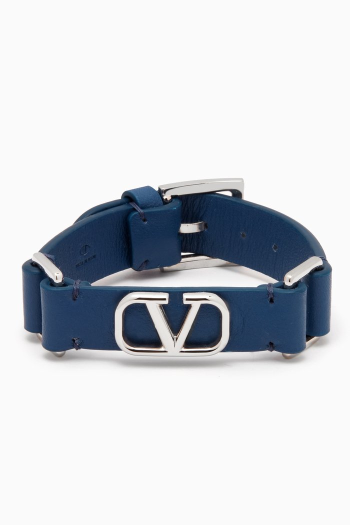 

VLogo Signature Bracelet in Metal & Calf Leather, Blue
