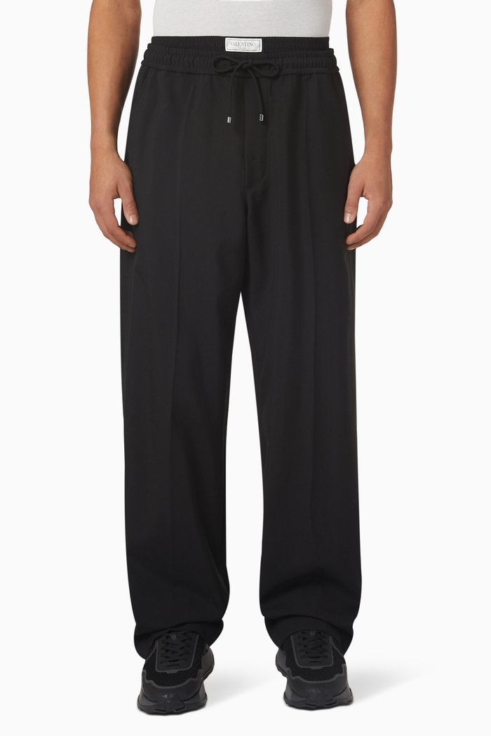

Valentino Double Waistband Logo Pants in Virgin Wool, Black