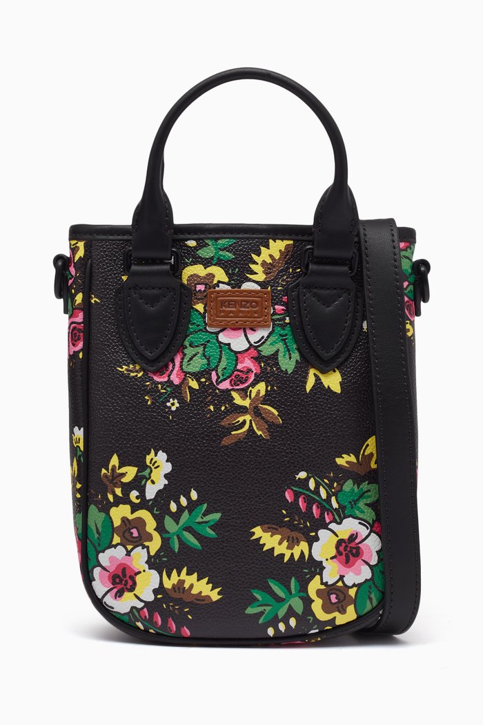 Courier Pop Bouquet Mini Tote Bag in Faux Leather, Black