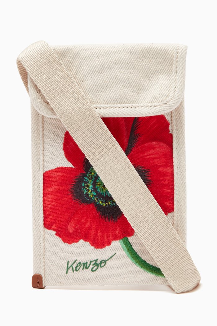

Poppy-embroidered Crossbody Pouch in Canvas, Neutral