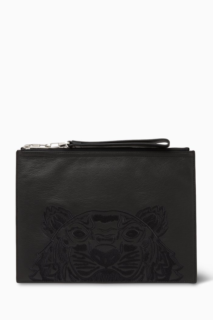 Large Logo-embroidered Pouch in Leather, Black