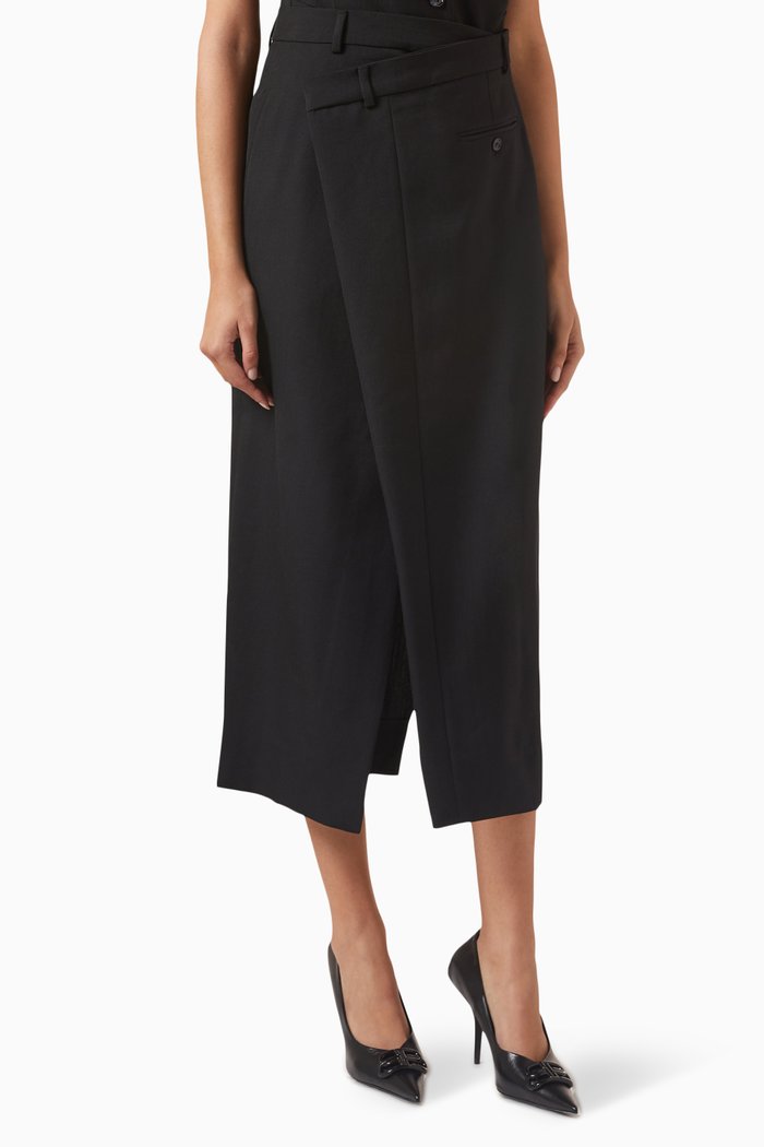 

Tailored Wrap Midi Skirt in Wool-blend, Black