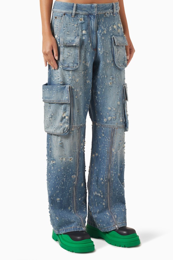 

Distressed Cargo Pants in Denim, Blue