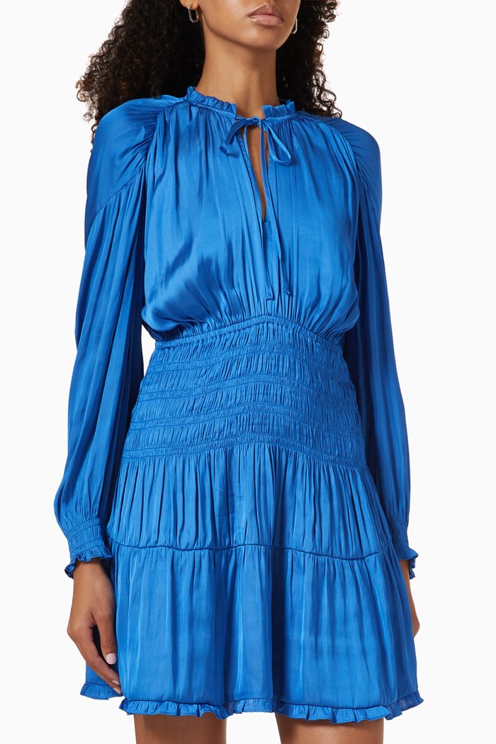 

Rivas Smocked Mini Dress in Satin, Blue