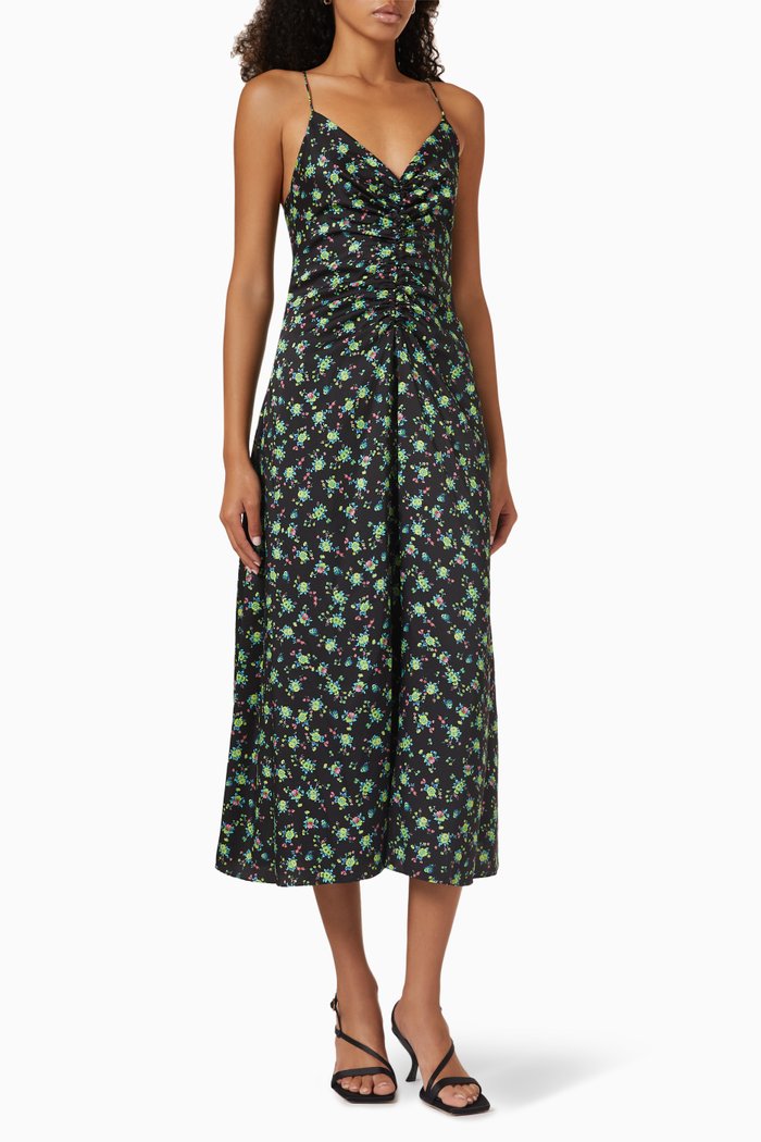 

Midi Floral Dress in Crepe, Black