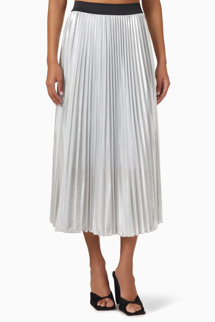 

Jonaely Pleated Midi Skirt in Metallic Satin, Silver