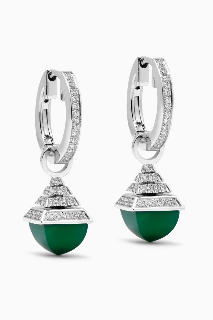 

Cleo Midi Rev Diamond & Green Agate Drop Earrings in 18kt White Gold, Silver