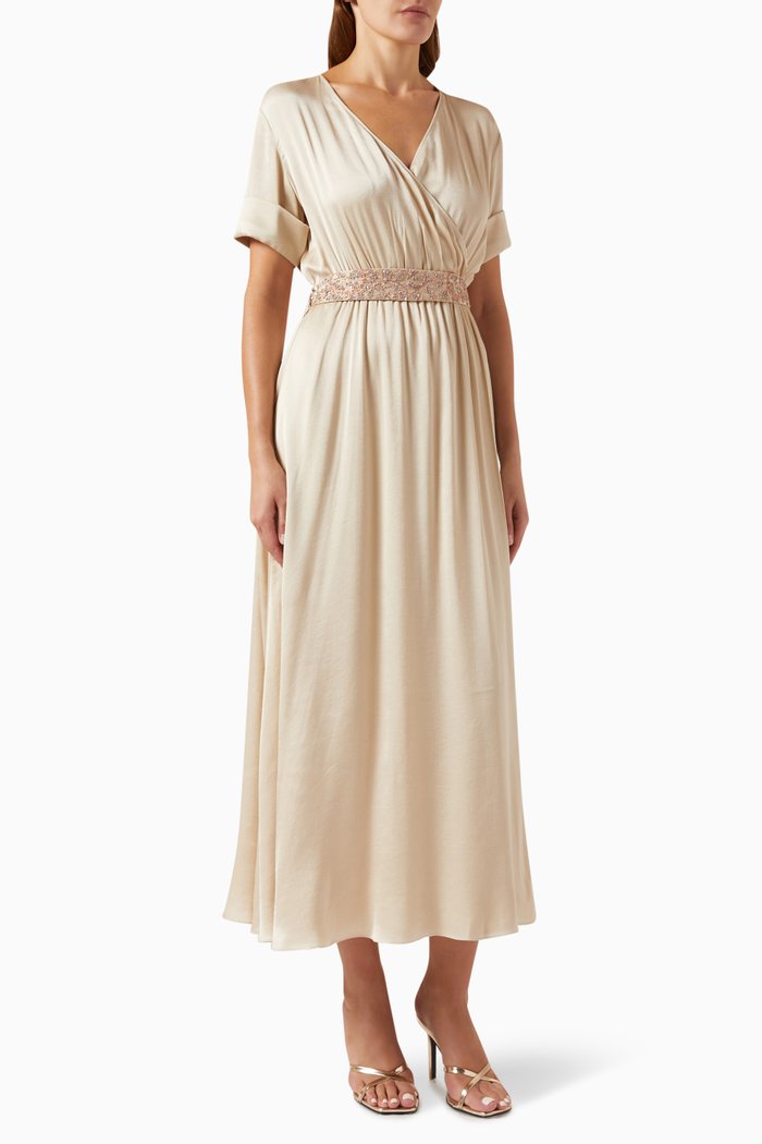 

Embroidered Wrap Midi Dress in Viscose, Neutral