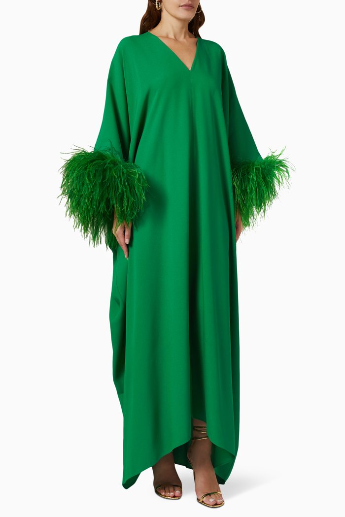 

Gala Feather Trimmed Kaftan in Crêpe, Green