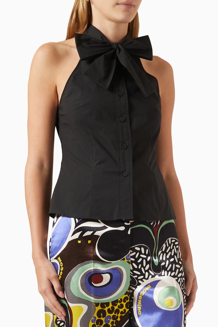 

Pussybow Collar Blouse in Cotton Poplin, Black
