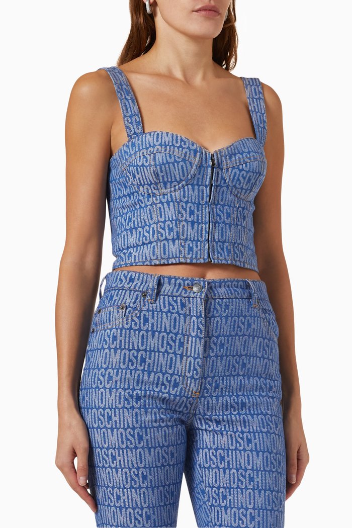 

All-over Logo Corset Top in Denim, Blue