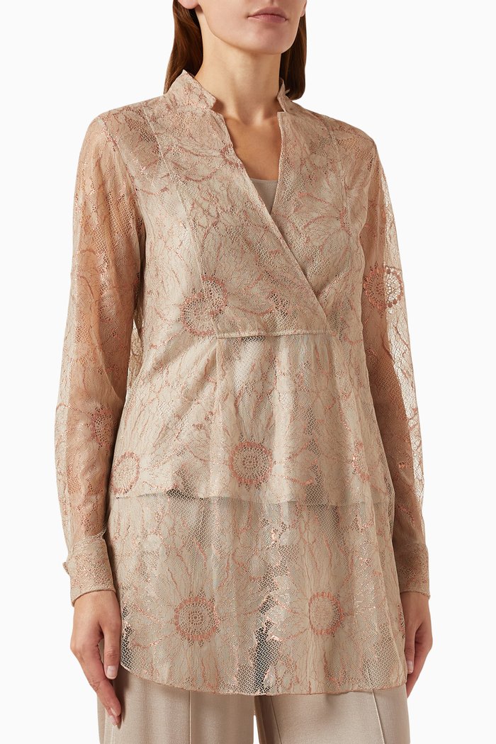 

Gathered Lace Top in Viscose, Brown