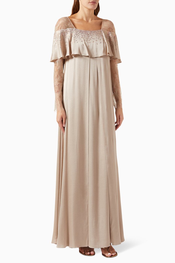 

Ruffled Lace-detail Maxi Dress in Viscose, Brown