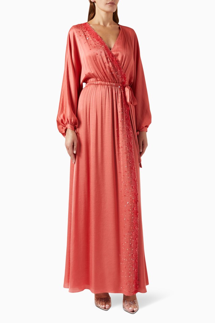 

Balloon-sleeve Wrap Maxi Dress in Viscose, Orange
