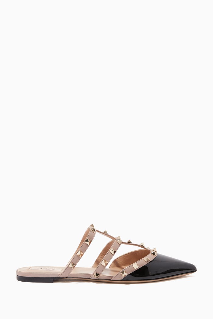 

Rockstud Flat Mules in Patent Leather, Black