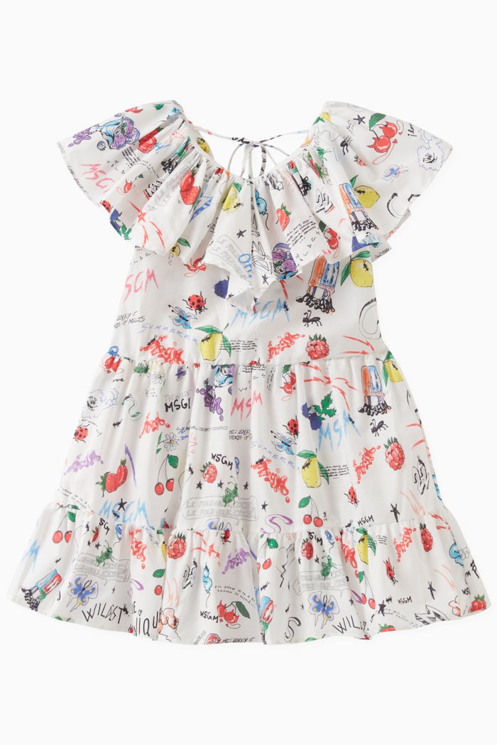 

Hand-painted Ruffled Dress in Cotton Poplin, White