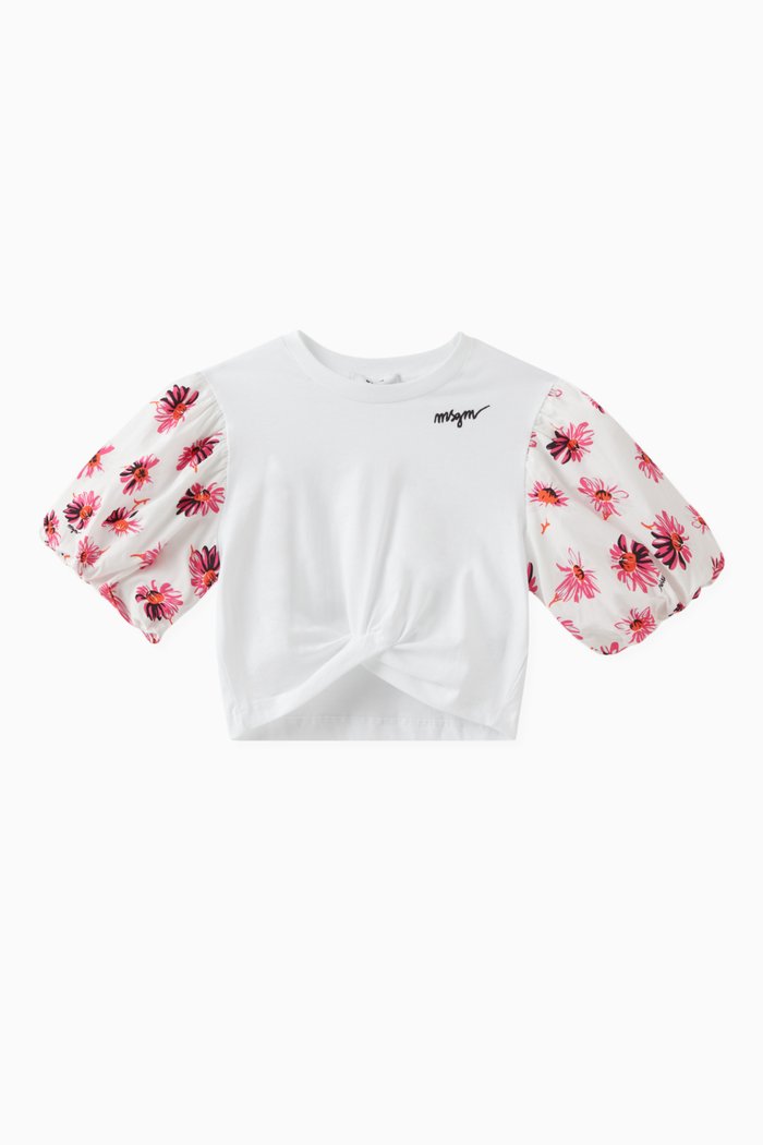 

Floral Sleeves T-shirt in Cotton Poplin, White