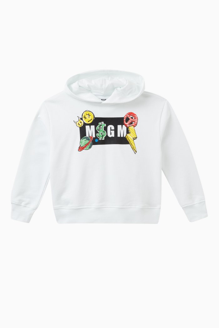 

Emoji & Box Logo Print Hoodie in Cotton Fleece, White