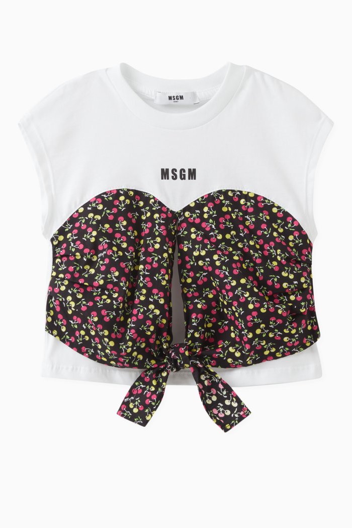 

Floral Print Logo T-shirt in Cotton Poplin, White