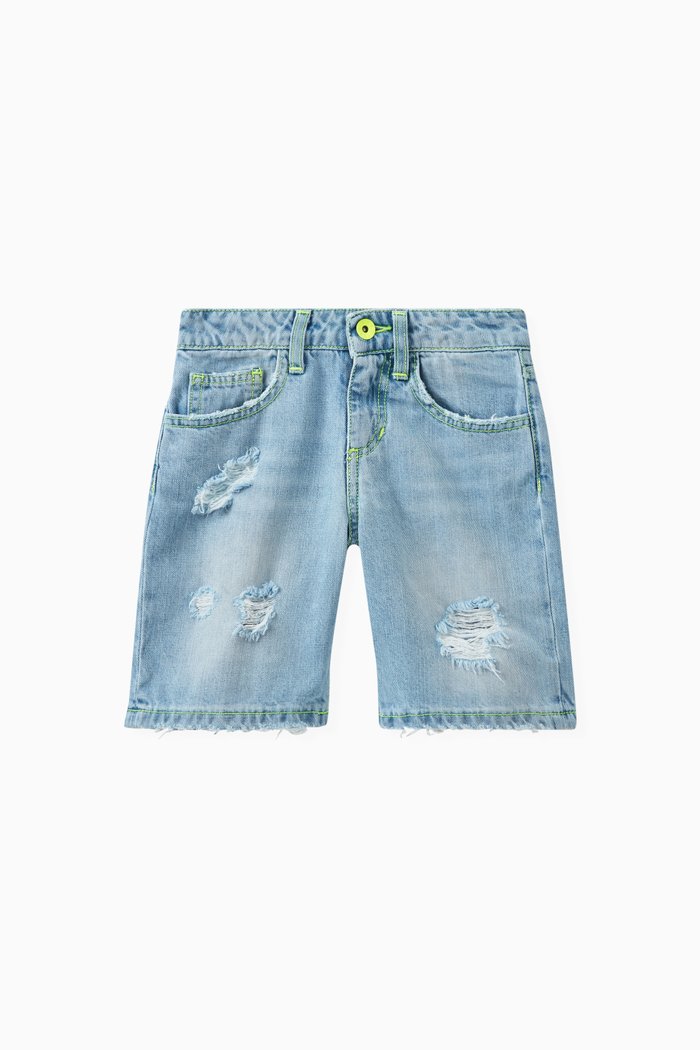 

Ripped-effect Denim Shorts in Cotton, Blue