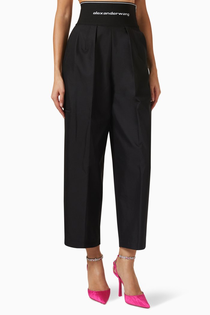 

High-waisted Logo-band Pants in Cotton-nylon, Black