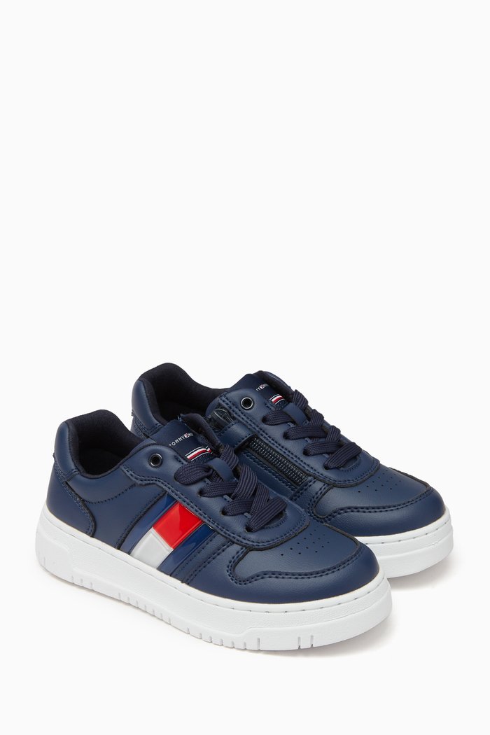 

Logo Flag Lace-up Sneakers in Faux Leather, Blue