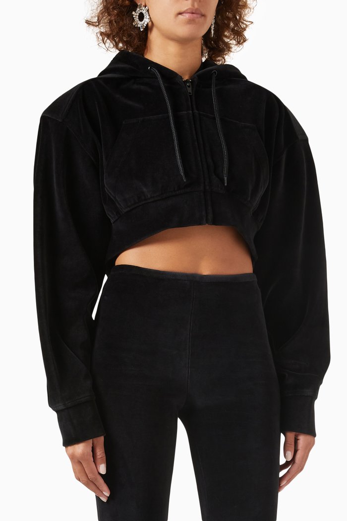 

Zip-up Crop Hoodie in Stretch-velour, Black