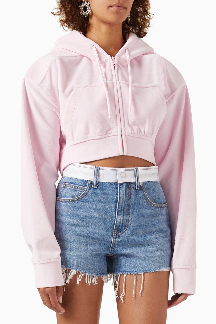 

Zip-up Crop Hoodie in Stretch-velour, Pink