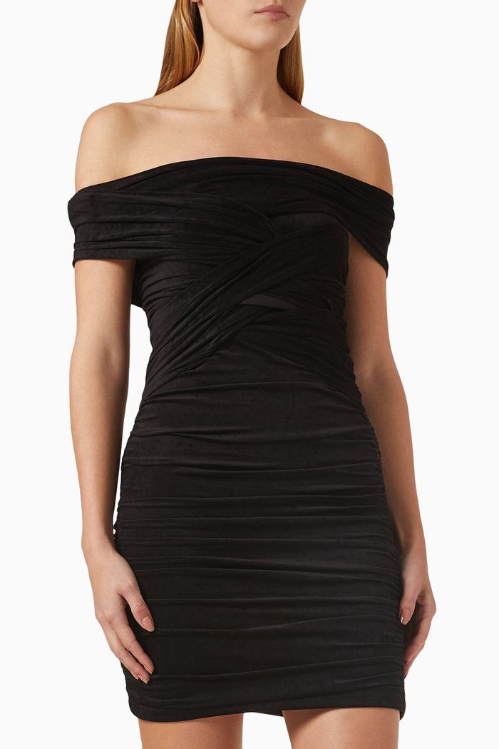 

Off-shoulder Mini Dress in Faux Suede, Black