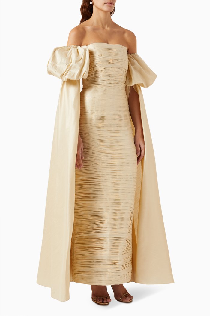

Hand-draped Off-shoulder Gown, White