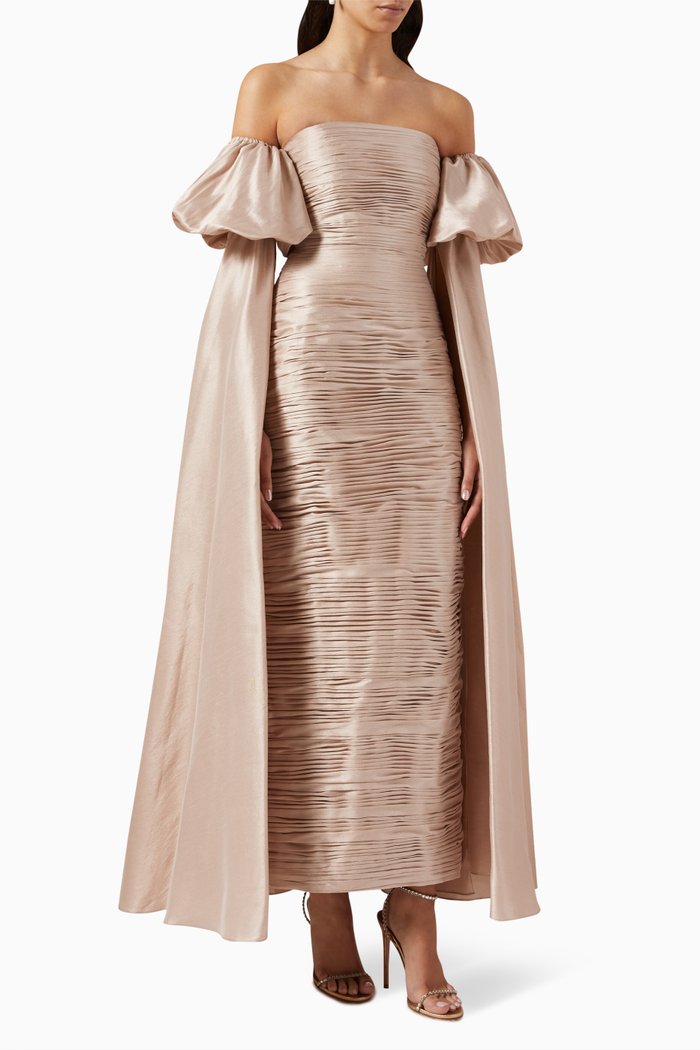 

Hand-draped Off-shoulder Gown, Neutral