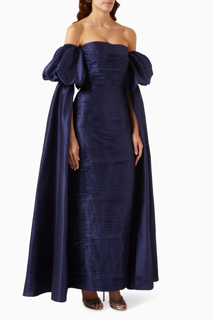 

Hand-draped Off-shoulder Gown, Blue