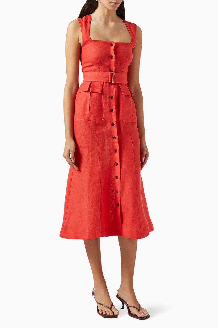 

Apron Cargo Midi Dress in Linen, Purple