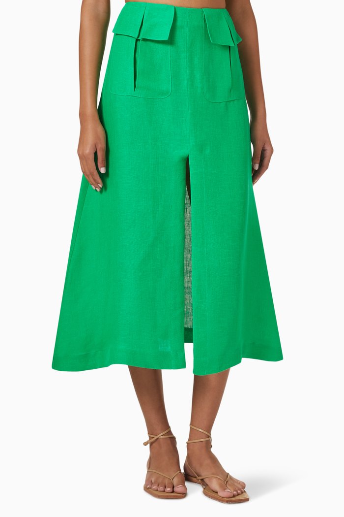 

Cargo A-Line Midi Skirt in Linen, Green