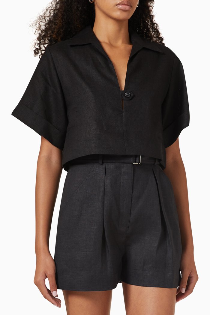 

Popover Crop Shirt in Linen, Black