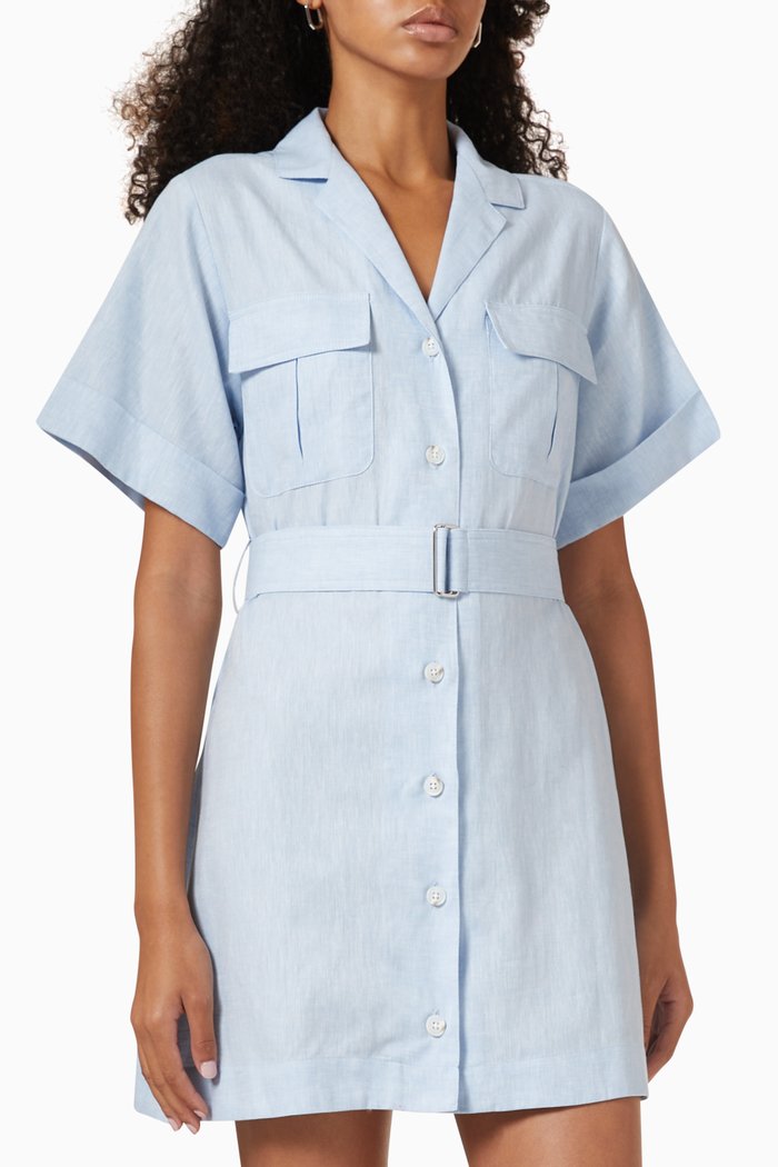 

Safari Belted Mini Dress in Linen, Blue