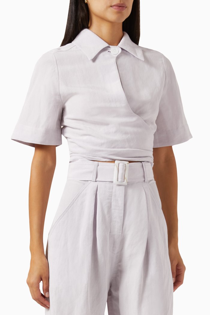 Collared Wrap Top in Viscose Linen, Purple