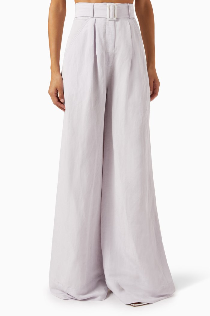 

Wide Leg Pleated Pants in Viscose Linen, Purple