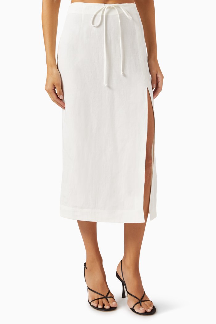 

Drawstring Slit Midi Skirt in Linen, White
