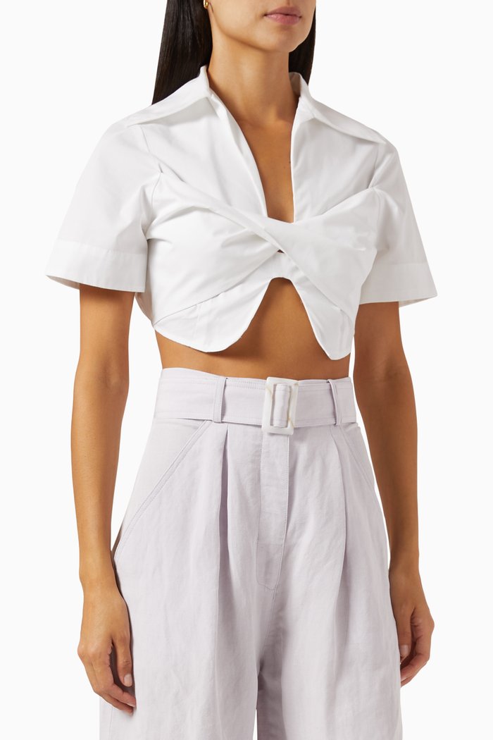 

Collared Twist Crop Top in Cotton Poplin, White