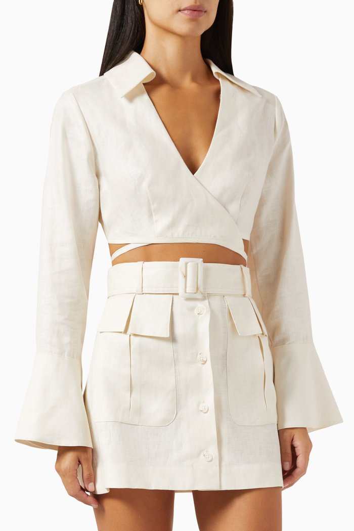 

Long Sleeve Wrap Crop Top in Linen, Neutral
