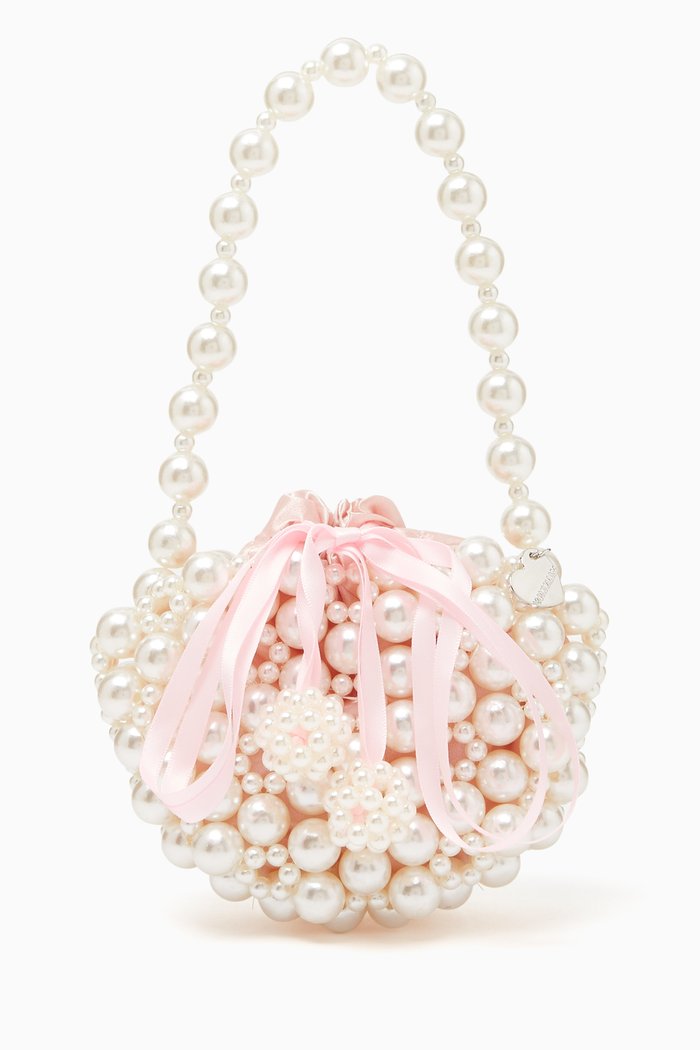

Pearls Drawstring Bag in Satin, Pink